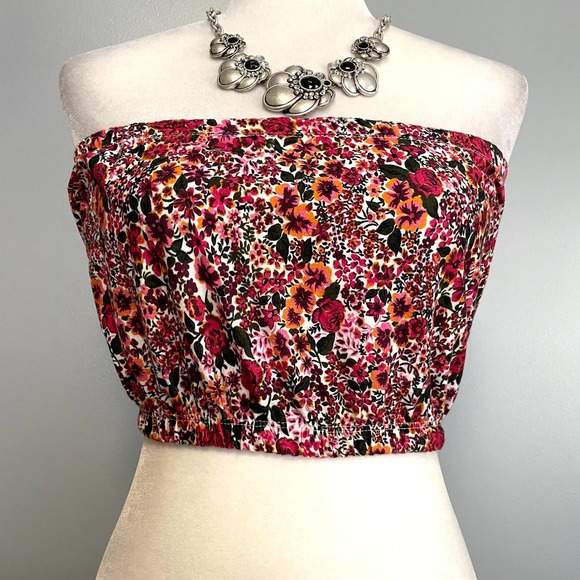 TOPSHOP Pink Orange Floral Strapless Crop Tube Top NEW 4 - Picture 2 of 5